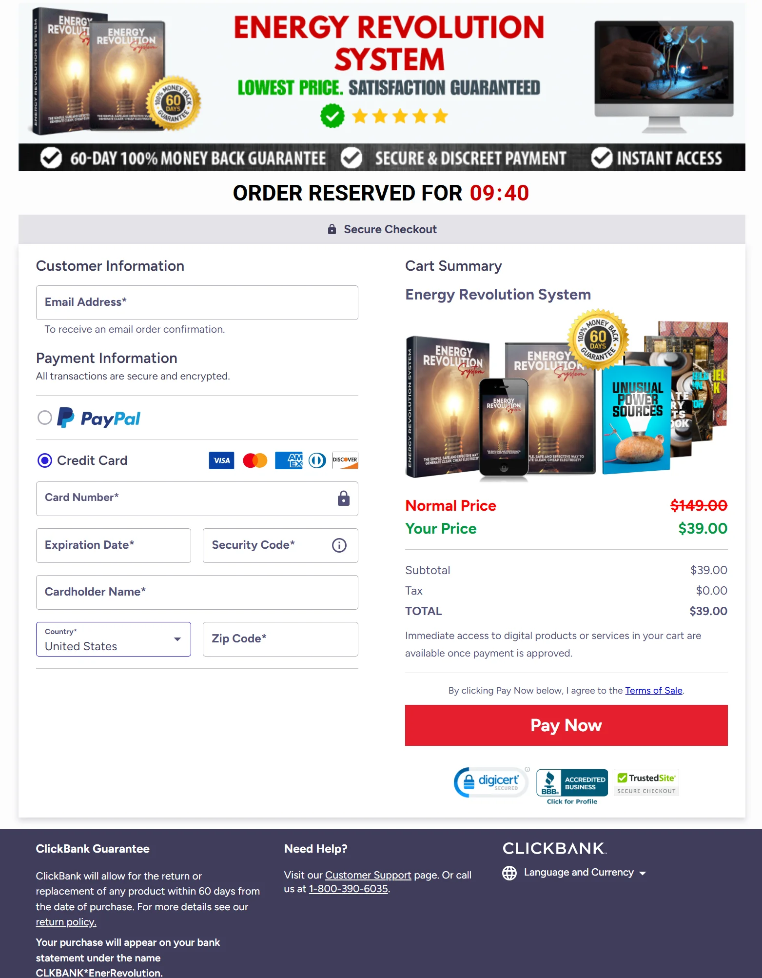 Energy Revolution System secure checkout page preview with 60-day money back guarantee